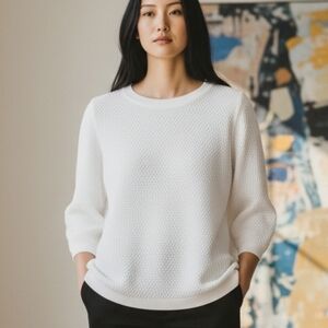 Sz Large White Talbots Sweater Waffle Knit Crew Neck 100% Cotton 3/4 Sleeves